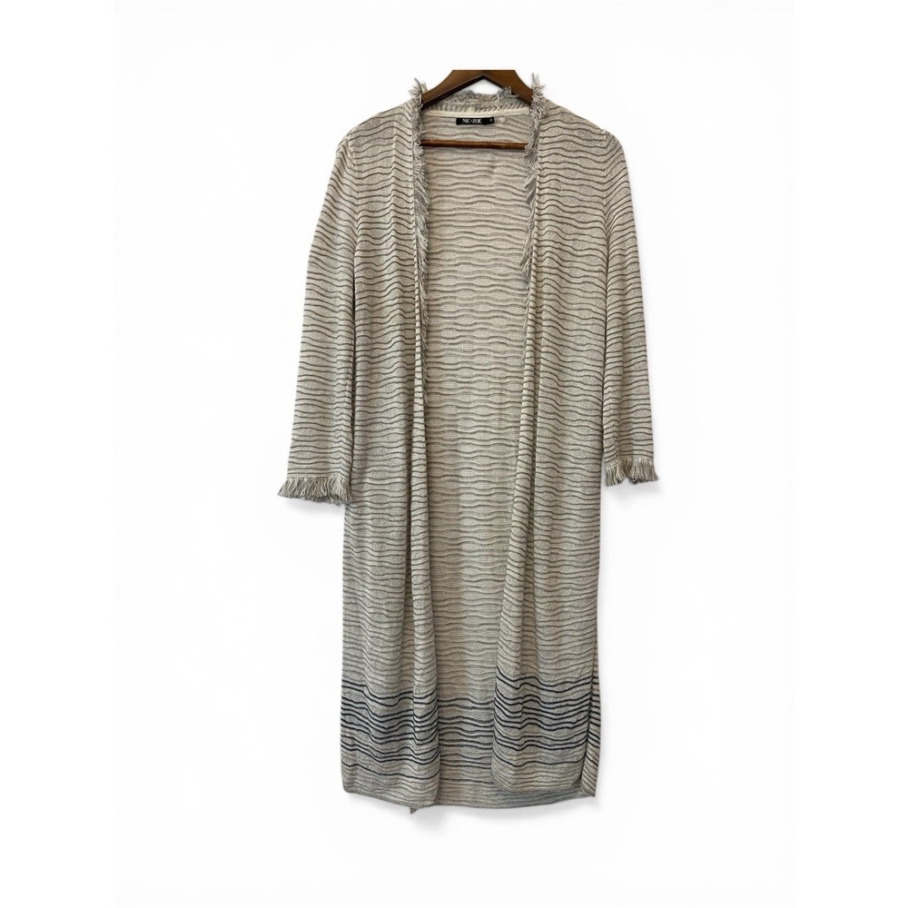 Nic And Zoe Linen Blend Duster Cardigan Fringe Beachy Coastal Size M‎ Tan Blue